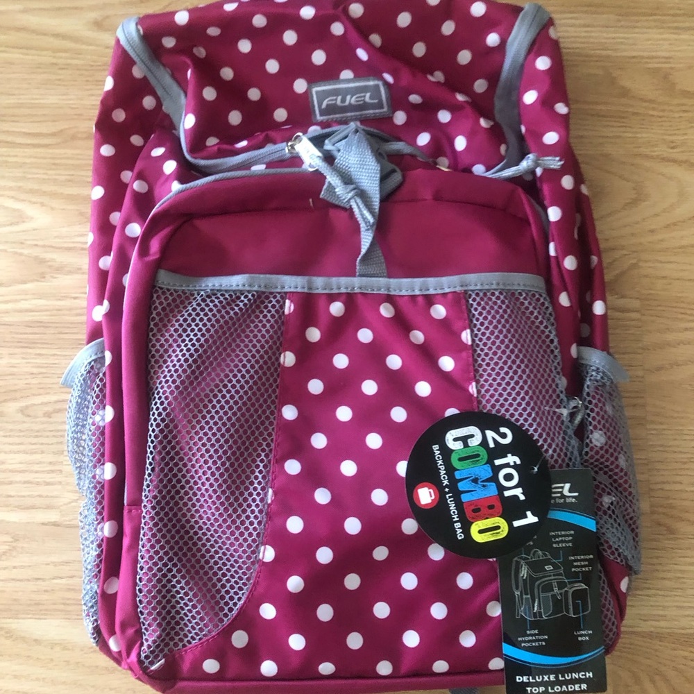 Fuel Kids Pink Polka Dot Backpack with Mesh Pockets with Matching Lunch box